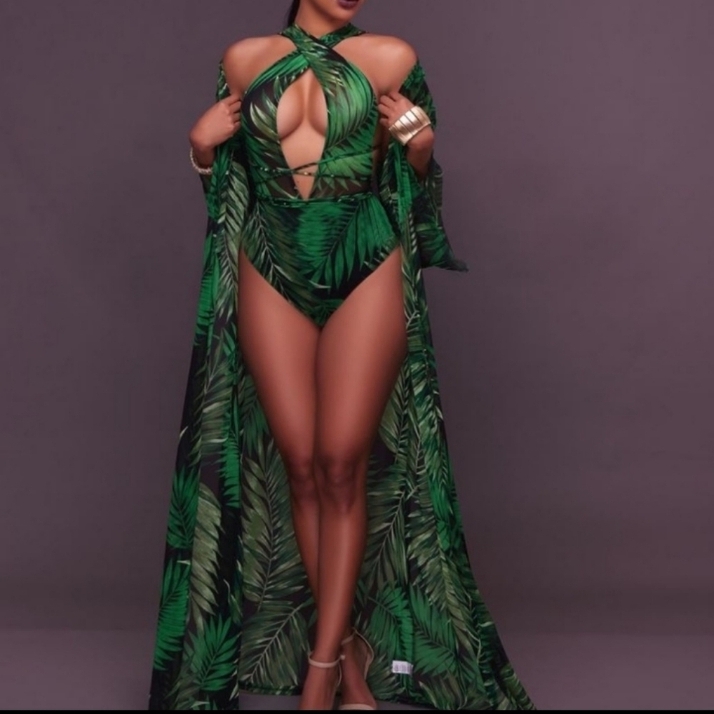 Attractive Bamboo Print One Piece+Matching Coverup - Picture 1 of 7